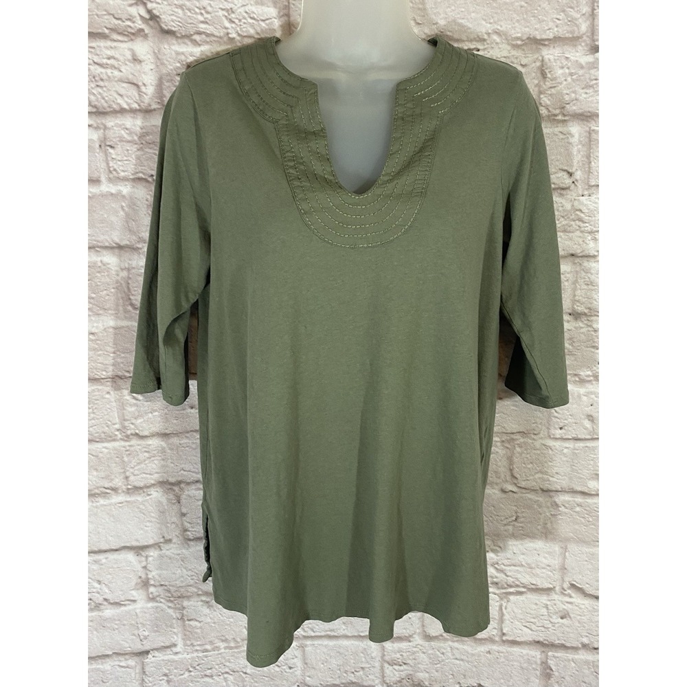 J Jill Pure Jill Trapunto Green Casual Boho Vacation Tunic Top Cotton Linen LP